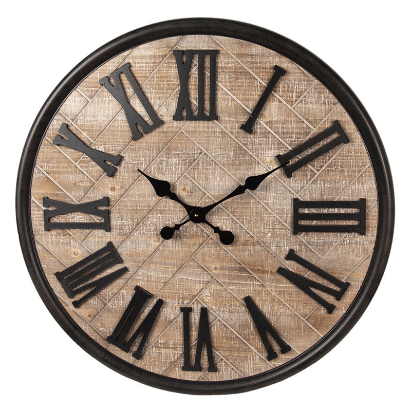Clayre & Eef Clock 5KL0125 Ø 76 cm Brown Wood Metal Round Grid Pattern