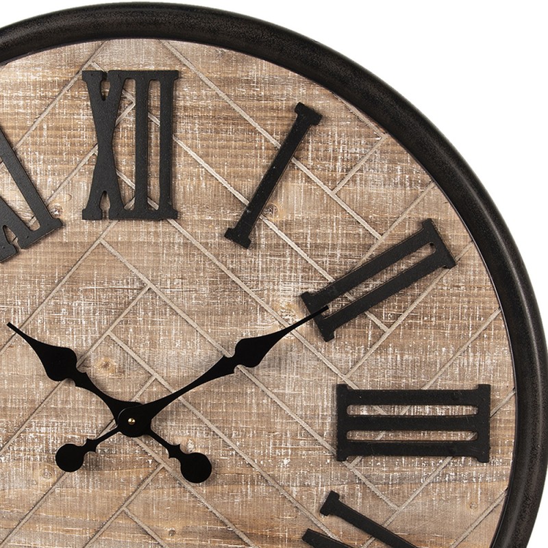 2Clayre & Eef Clock 5KL0125 Ø 76 cm Brown Wood Metal Round Grid Pattern
