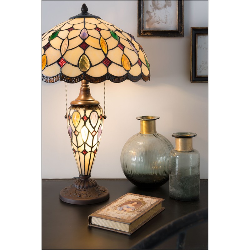 LumiLamp Lampe de table Tiffany Ø 40x60 cm Beige Marron Verre Demi-cercle