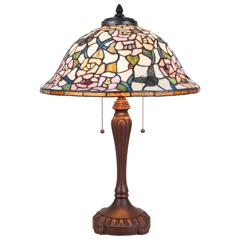 LumiLamp Tiffany Tafellamp 5LL-5183 Ø 46*65 cm E27/max 3*60W Roze Glas in lood Bloemen Tiffany Bureaulamp