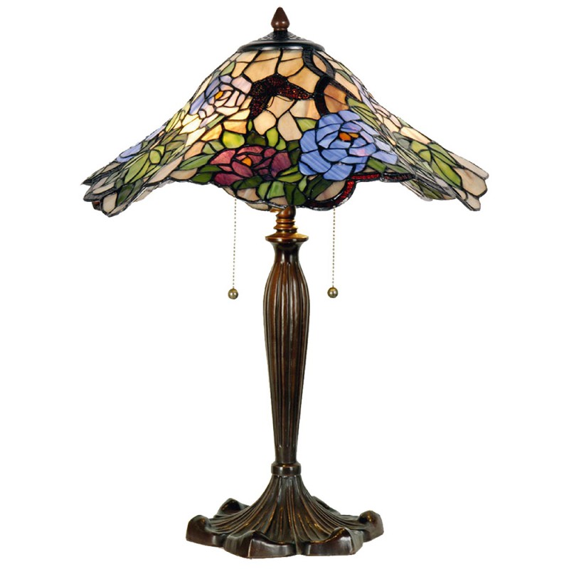 2LumiLamp Lampe de table Tiffany 5LL-5276 Ø 46*60 cm E27/max 2*60W Vert, Bleu Vitrail Fleurs Lampe de bureau Tiffany