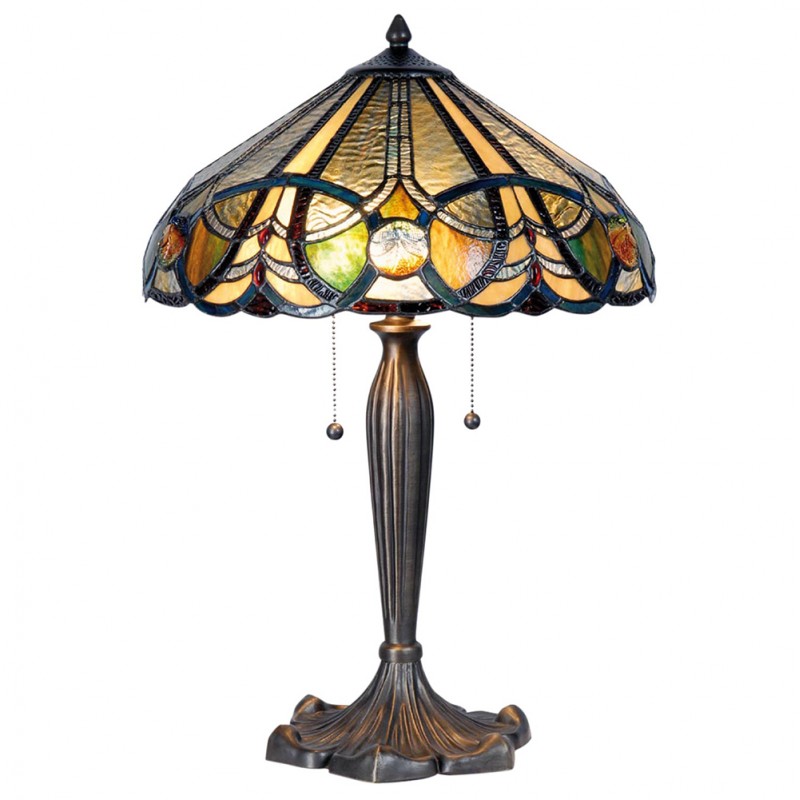 2LumiLamp Lampe de table Tiffany 5LL-5299 Ø 41*61 cm E27/max 2*60W Beige, Vert Vitrail Triangle Art déco Lampe de bureau Tiffany