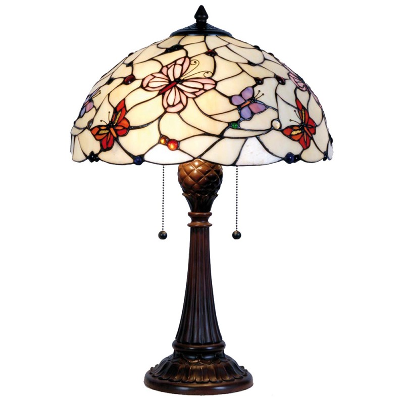 2LumiLamp Tiffany Tafellamp 5LL-5365 Ø 41*60 cm  Beige Paars Glas Halfrond Vlinder Tiffany Bureaulamp Tiffany Lampen