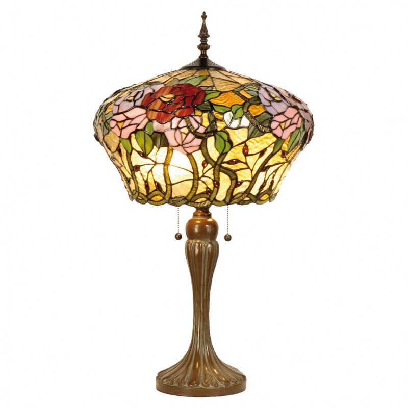 LumiLamp Lampe de table Tiffany 5LL-5571 Ø 40*72 cm E27/max 2*60W Jaune, Vert, Rose Vitrail Fleurs Lampe de bureau Tiffany