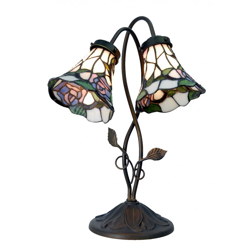 LumiLamp Tiffany Tafellamp 5LL-5748 34*28*47 cm E14/max 2*40W Wit Bruin Glas in lood Bloemen Tiffany Bureaulamp