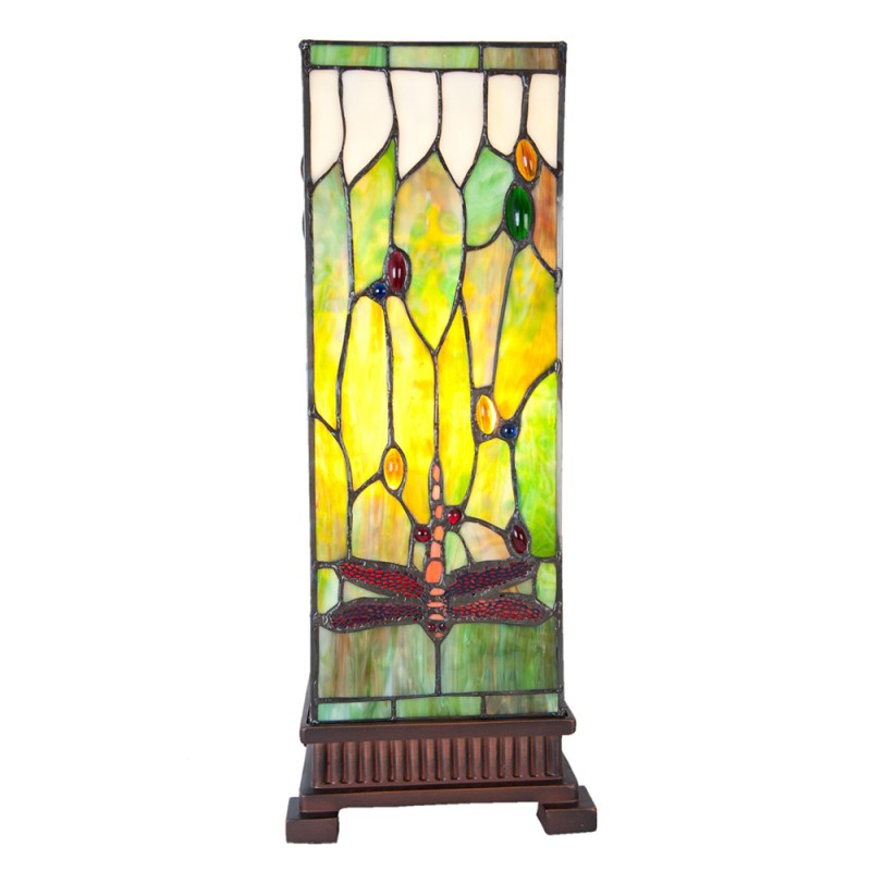 LumiLamp Tiffany Tafellamp  18x18x45 cm Groen Bruin Glas Vierkant Libelle