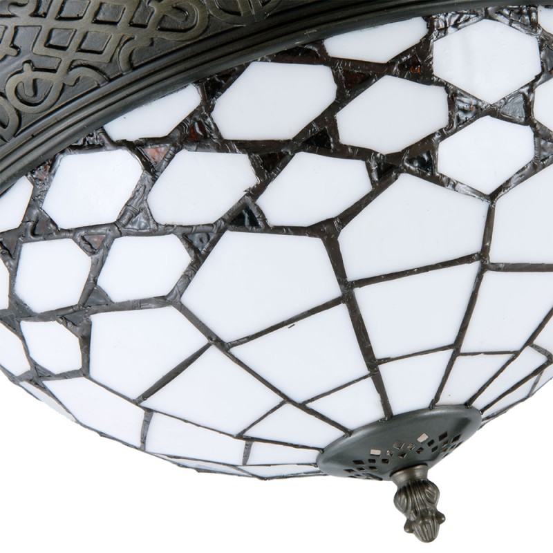 2LumiLamp Plafondlamp Tiffany 5LL-5891 Ø 38*19 cm E14/max 2*40W Wit Bruin Glas in lood HalfRond Art Deco