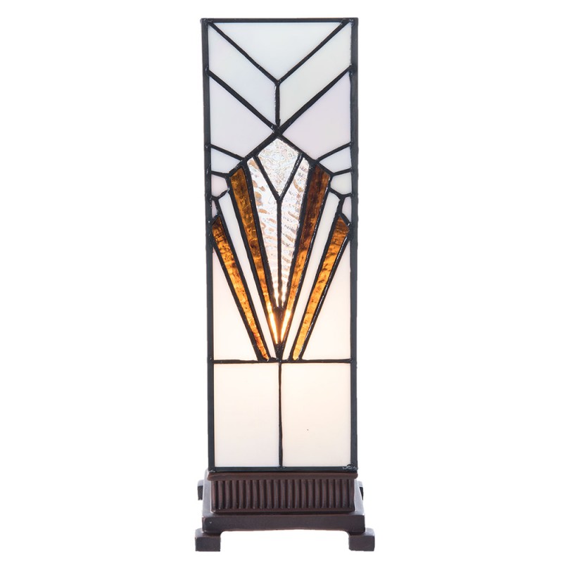 2LumiLamp Tiffany Tafellamp 5LL-5894 12*12*35 cm E14/max 1*25W Wit Bruin Glas in lood Vierkant Art Deco Tiffany Bureaulamp