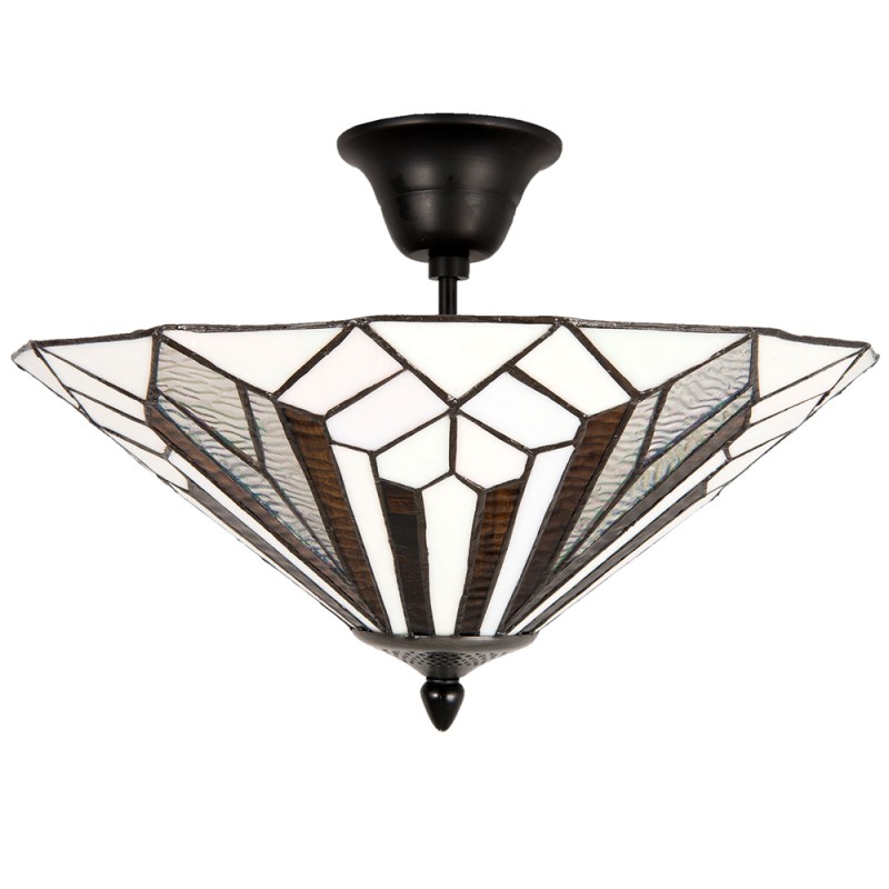 LumiLamp Plafondlamp Tiffany  Ø 40x28 cm  Wit Bruin Metaal Glas Driehoek