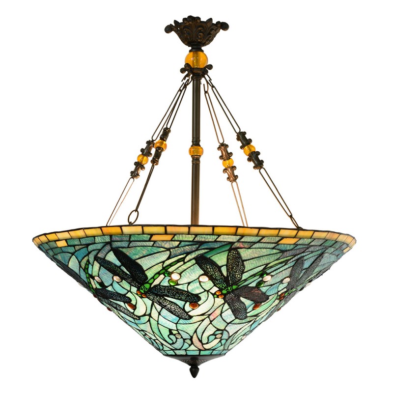 LumiLamp Hanglamp Tiffany 5LL-5975 Ø 71*75 cm E27/max 3*60W Groen Blauw Metaal Glas Libelle Hanglamp Eettafel