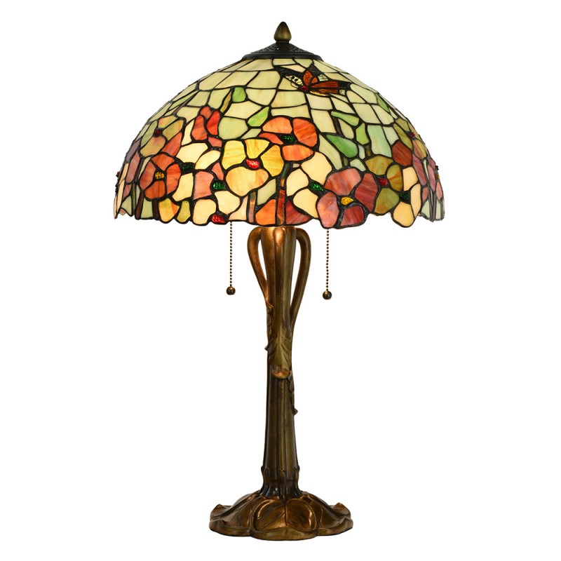 LumiLamp Tiffany Tafellamp 5LL-5981 Ø 40*63 cm E27/max 2*60W Beige Rood Glas in lood Bloemen Tiffany Bureaulamp