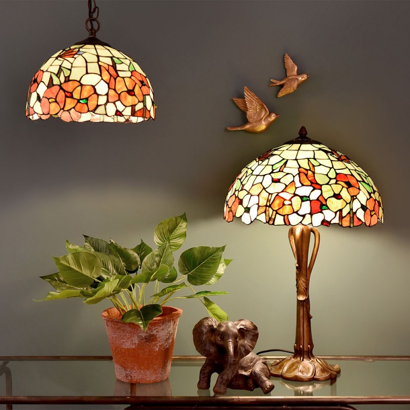 LumiLamp Lampe de table Tiffany Ø 40x63 cm  Beige Rouge Verre Fleurs