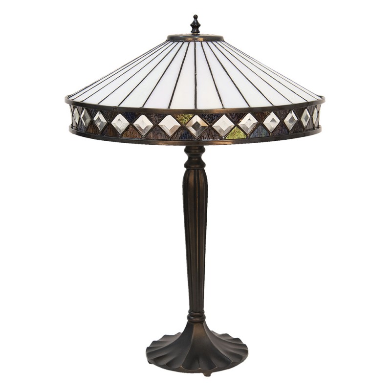2LumiLamp Tiffany Tafellamp 5LL-5983 Ø 41*59 cm E27/max 2*60W Wit Bruin Glas in lood Art Deco Tiffany Bureaulamp