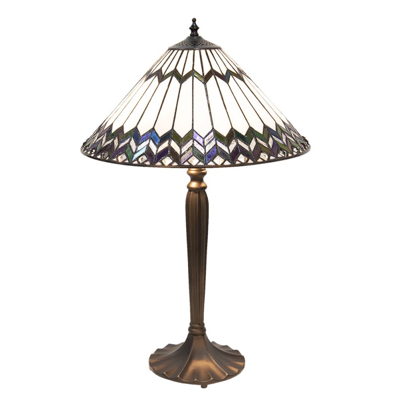LumiLamp Tiffany Tafellamp 5LL-5985 Ø 40*62 cm E27/max 2*60W Wit Bruin Glas in lood Art Deco Tiffany Bureaulamp