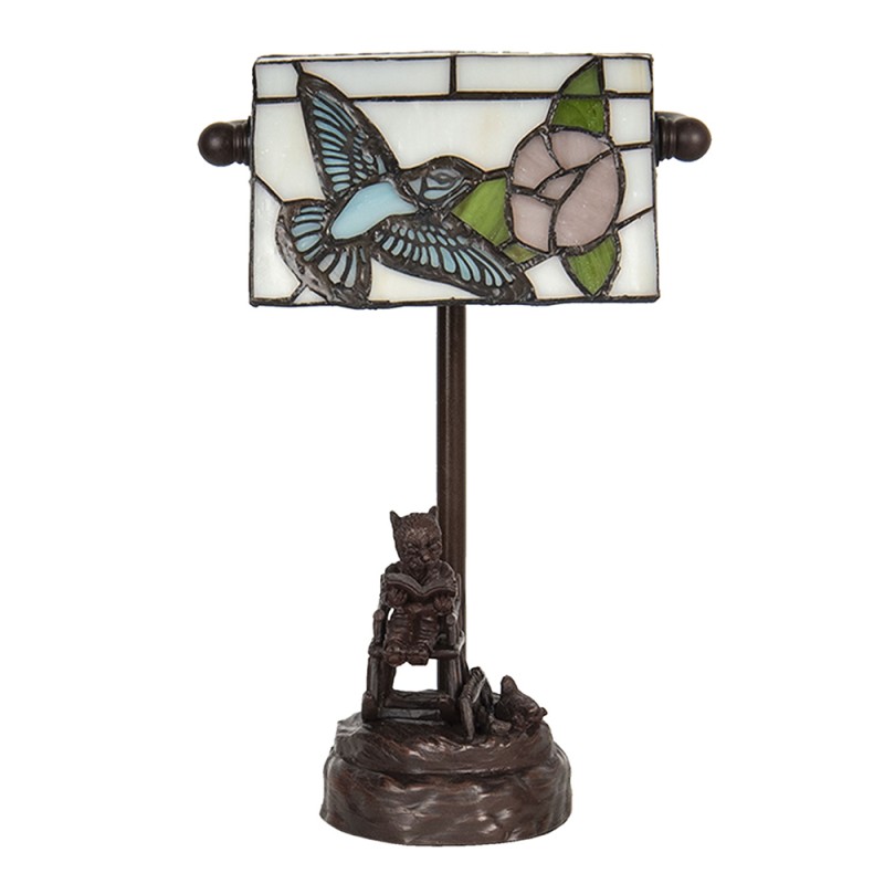 LumiLamp Lampe de bureau Lampe de banquier Tiffany 15x33 cm Beige Bleu Polyrésine Verre Oiseau