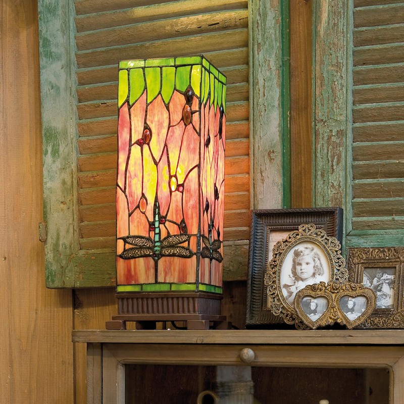 LumiLamp Tiffany Tafellamp  18x18x45 cm  Rood Groen Glas Rechthoek Libelle