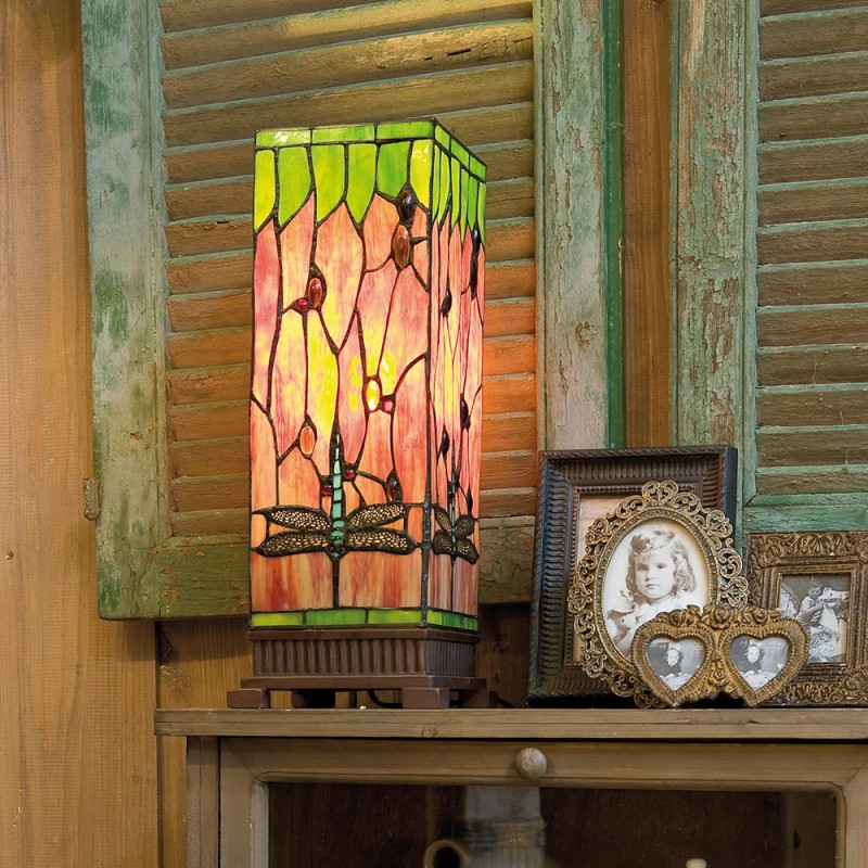 LumiLamp Lampe de table Tiffany 18x18x45 cm  Rouge Vert Verre Rectangle Libellule