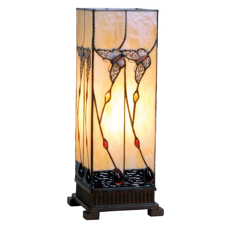2LumiLamp Tiffany Tafellamp 5LL-9290 18*18*45 cm E27/max 1*40W Beige Bruin Glas in lood Rechthoek Vlinder Tiffany Bureaulamp