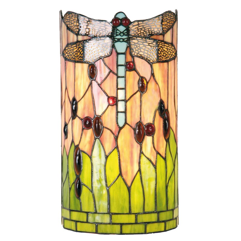 2LumiLamp Wandlamp Tiffany 5LL-9292 20*11*36 cm E14/max 2*40W Groen Bruin Beige Glas in lood HalfRond Libelle Muurlamp Sfeerlamp