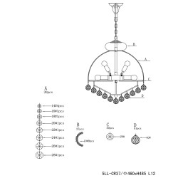 LumiLamp Kroonluchter 5LL-CR37 Ø 48*55/180 cm E14/max 12*40W Meerkleurig Ijzer Glas Hanglamp