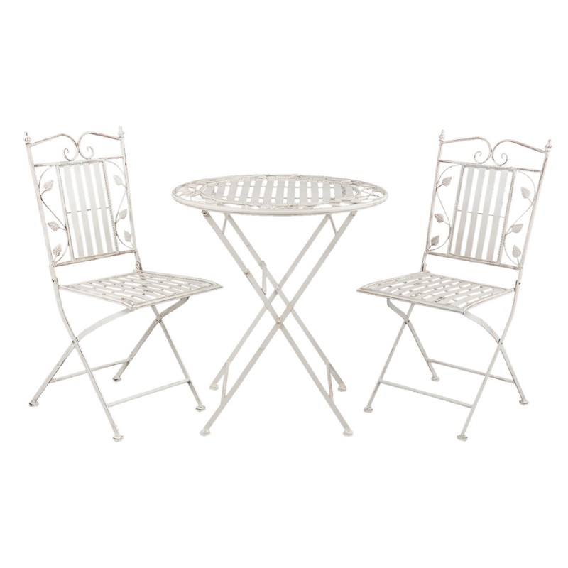 Clayre & Eef Bistro-Set Bistro-Tisch Bistro-Stuhl 3 Teilig 5Y0385 Ø 70*77 cm / 40*52*93 cm (2) Weiß Eisen Blätter Balkon-Set
