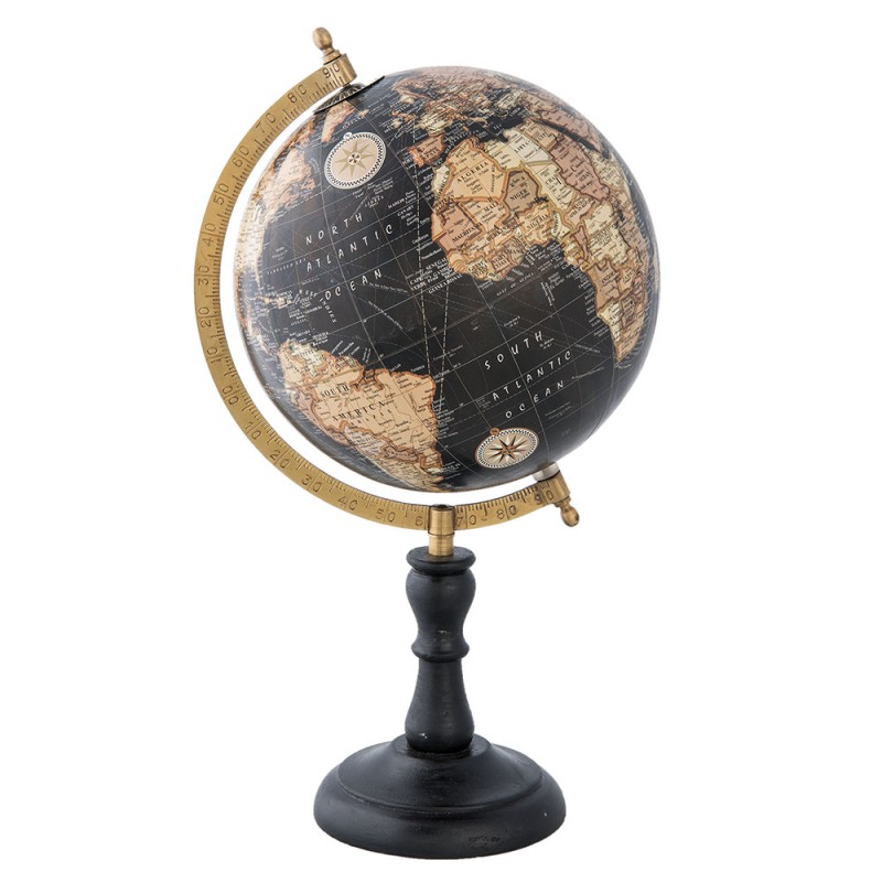 Clayre & Eef Wereldbol Decoratie 63962 22*20*39 cm Zwart Bruin Hout Ijzer Rond Wereld Globe