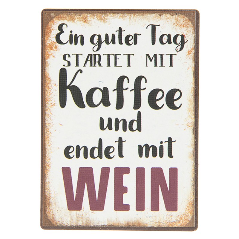 Clayre & Eef Decoratie Magneet  5 cm Wit Zwart Ijzer Rechthoek Tag Kaffee Wein