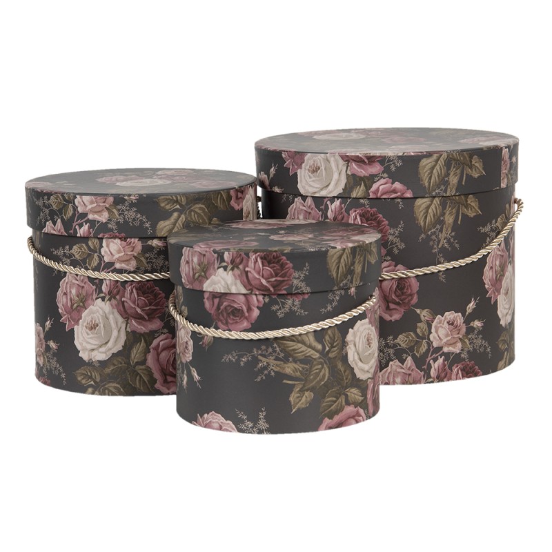 Clayre & Eef Hat Box Set of 3 Ø 23x19 / Ø 20x17 / Ø 17x14 cm Black Pink Cardboard Round Flowers