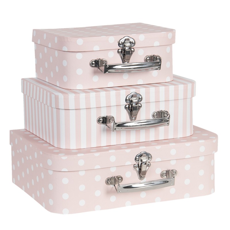 Clayre & Eef Decorative Suitcase Set of 3 30x21x9/25x18x9/20x16x8 cm Pink White Cardboard Rectangle