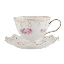 Clayre & Eef Cup and Saucer 200 ml White Golden color Porcelain Round