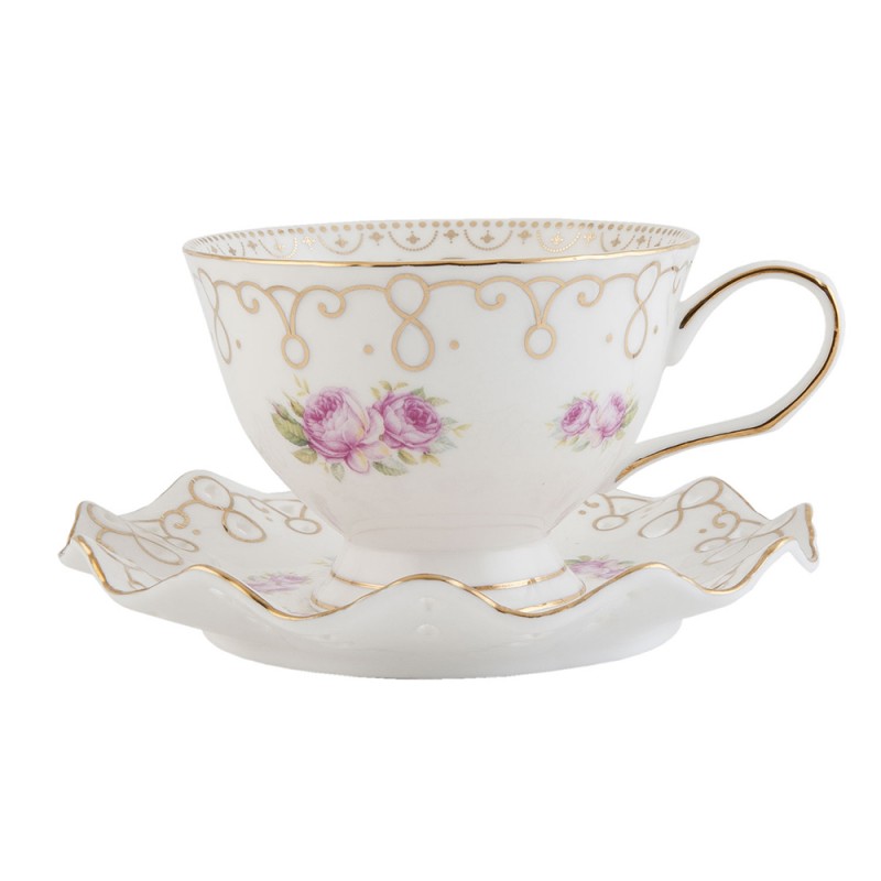 Clayre & Eef Cup and Saucer 200 ml White Gold colored Porcelain Round