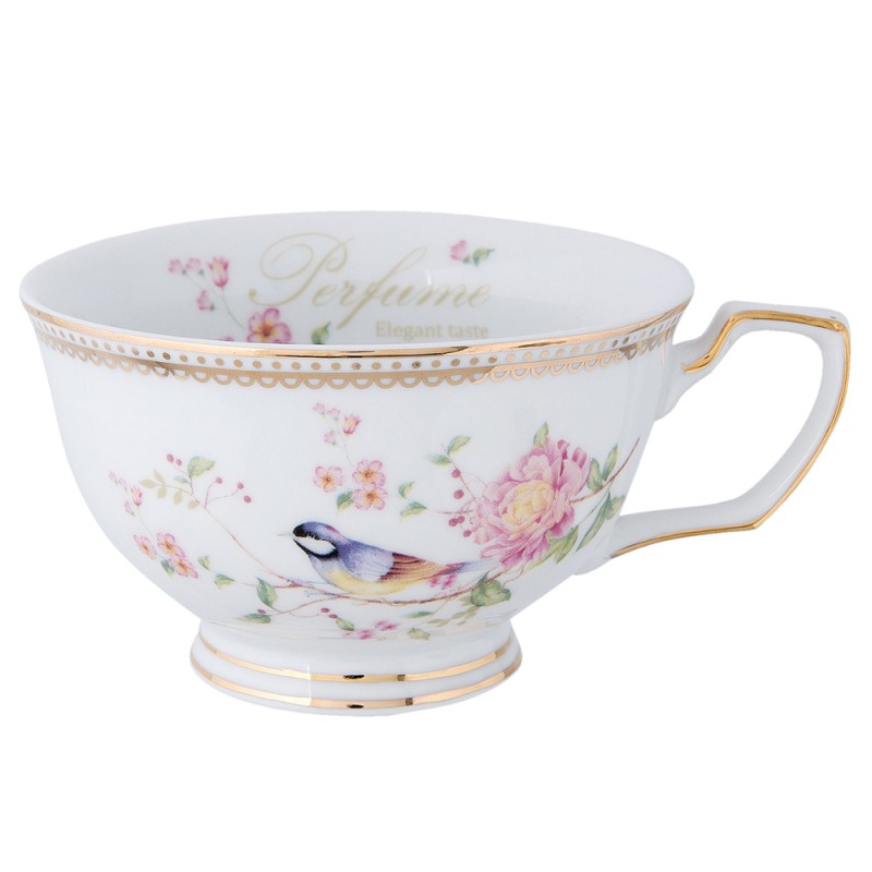 Clayre & Eef Cup and Saucer 150 ml White Porcelain Round Flowers