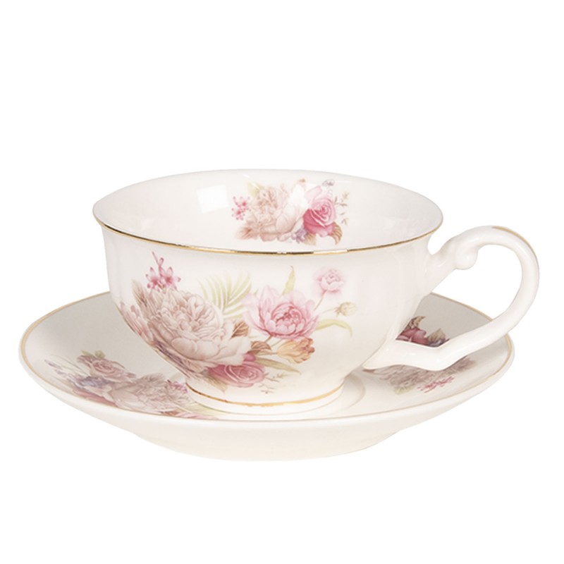 Clayre & Eef Cup and Saucer 125 ml White Porcelain Round Flowers