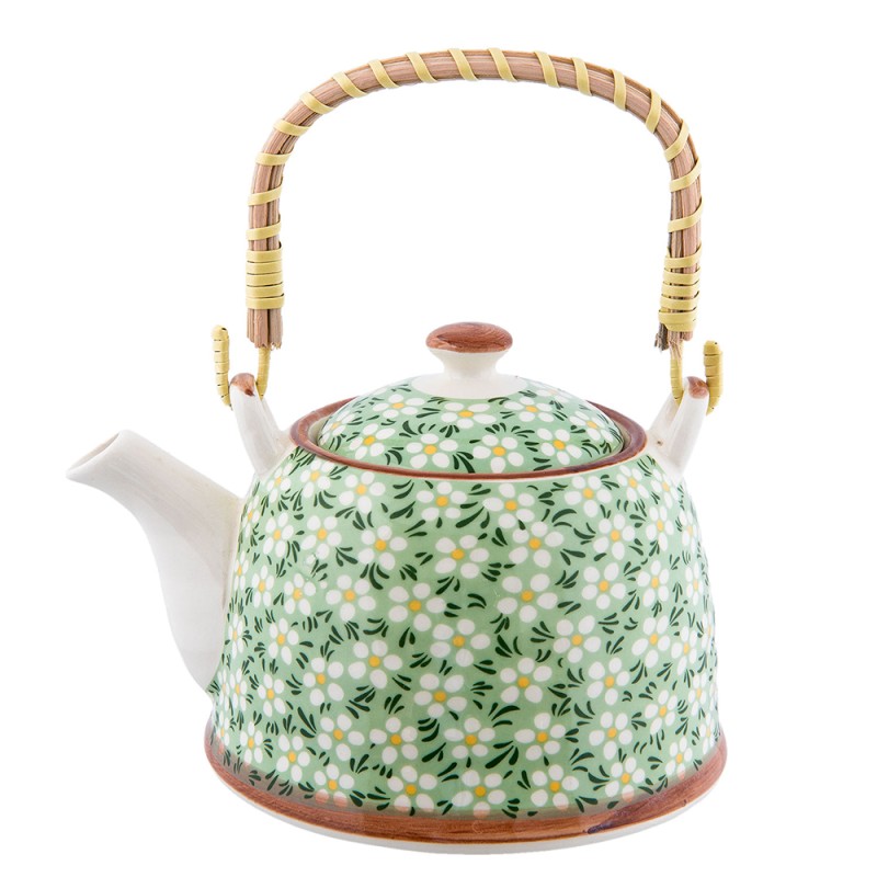 Clayre & Eef Teapot with Infuser 700 ml Green Ceramic Round Flowers