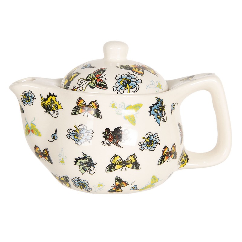 Clayre & Eef Teekanne mit Filter 400 ml Beige Gelb Porzellan Rund Schmetterlinge