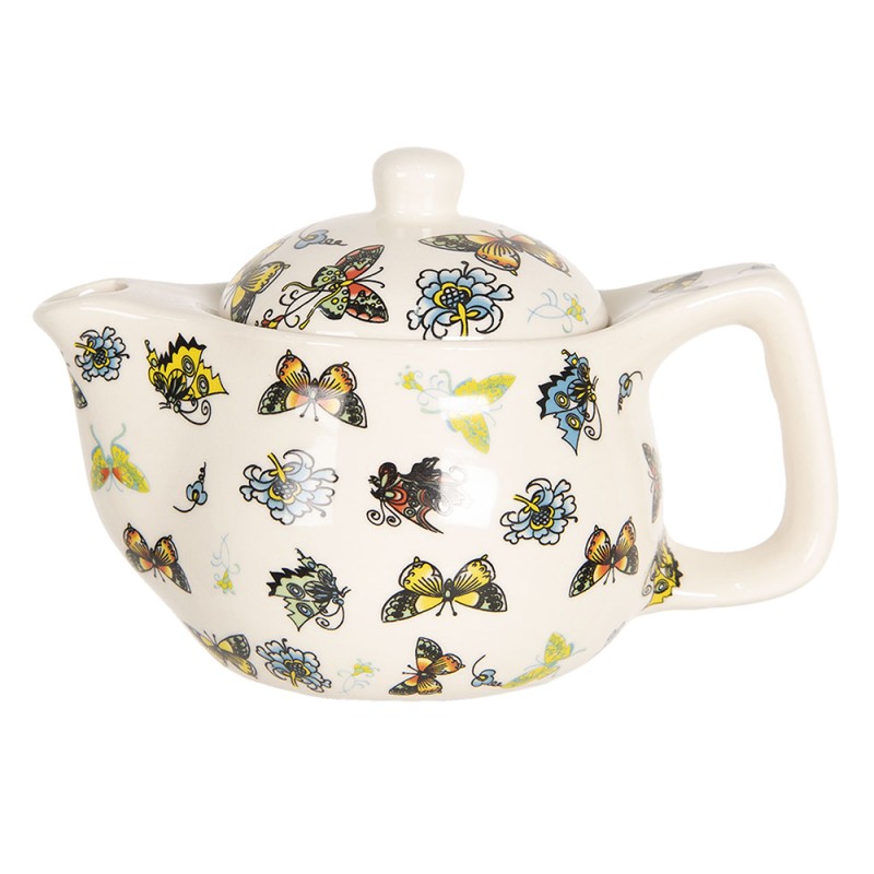 Clayre & Eef Teekanne mit Filter 400 ml Beige Gelb Porzellan Rund Schmetterlinge