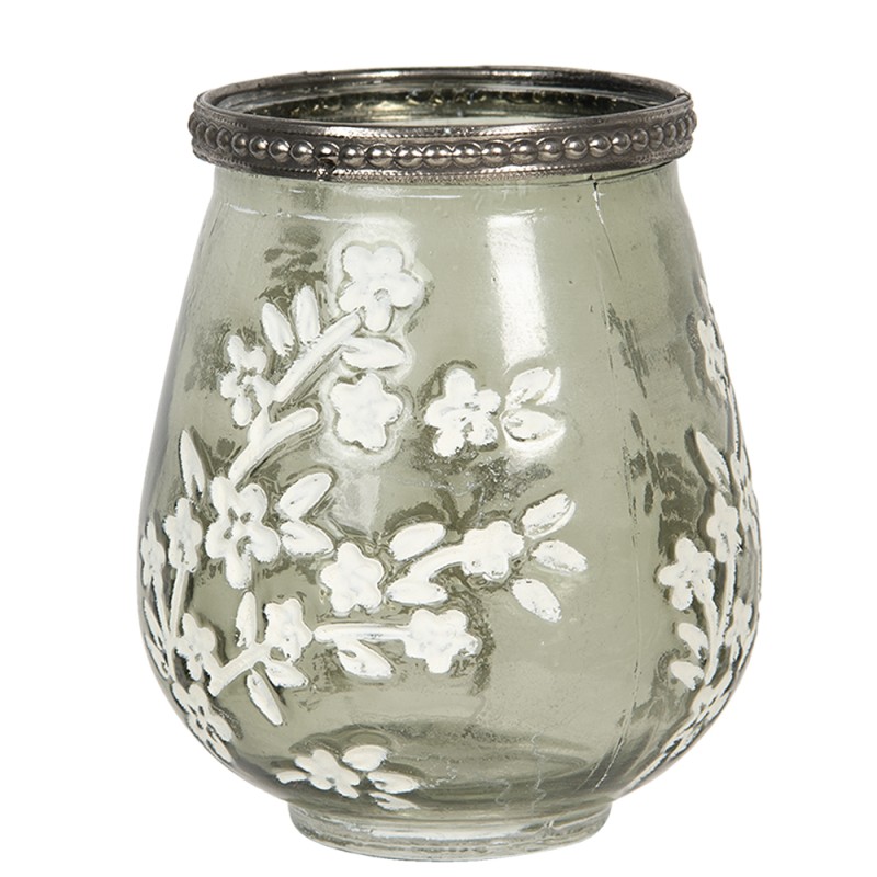 Clayre & Eef Tealight Holder Ø 9x11 cm Green White Glass Metal Flowers