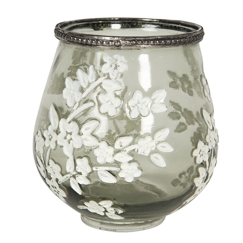 Clayre & Eef Tealight Holder Ø 12x13 cm Green White Glass Metal Flowers