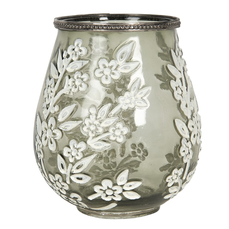 Clayre & Eef Tealight Holder Ø 15x18 cm Green White Glass Metal Flowers