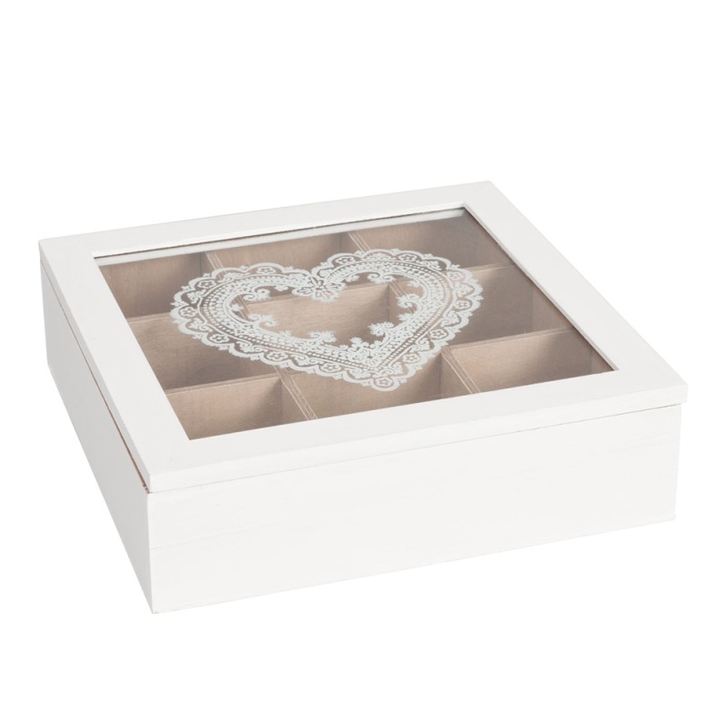 Clayre & Eef Tea Box with 9 Compartments 24x24x7 cm White Wood Glass Square Heart