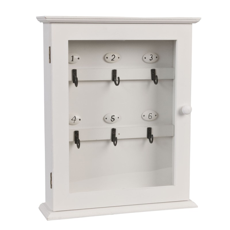 Clayre & Eef Key Cabinet 25x7x31 cm White Wood Glass Rectangle