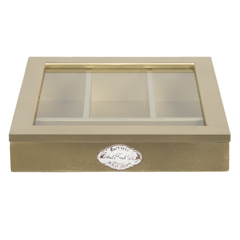 Clayre & Eef Besteckkasten 30x30x8 cm Goldfarbig Holz Glas Quadrat
