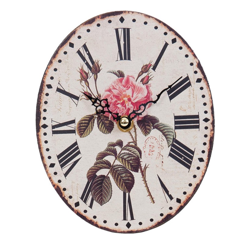Clayre & Eef Horloge de table 15x18 cm Beige Rose Bois Rond Fleurs