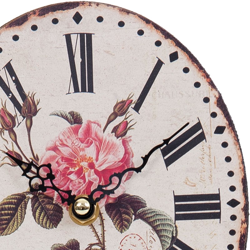 Clayre & Eef Horloge de table 15x18 cm Beige Rose Bois Rond Fleurs