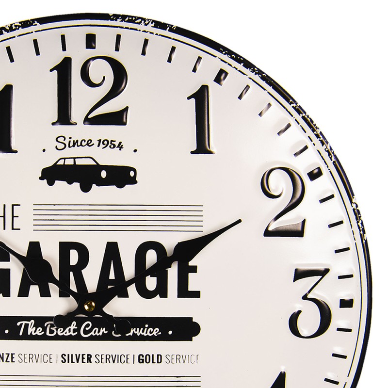 Clayre & Eef Wall Clock Ø 40 cm White Black Iron Round Garage