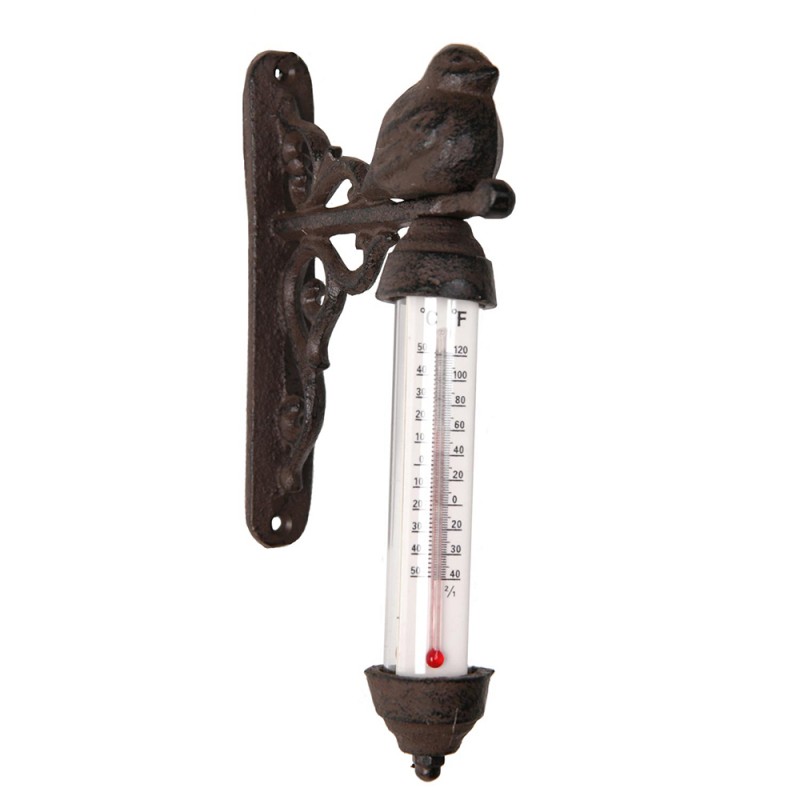 Clayre & Eef Thermomètre extérieur 10x5x16 cm Marron Fer Rond Oiseau