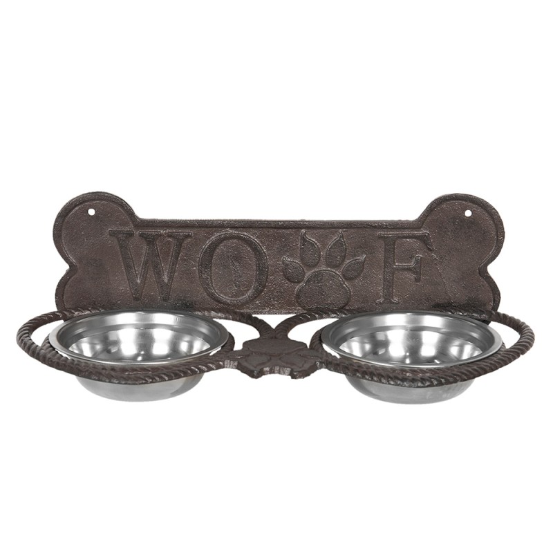 Clayre & Eef Dog Bowl 39x18x12 cm Brown Iron Rectangle Dog Bone Woef