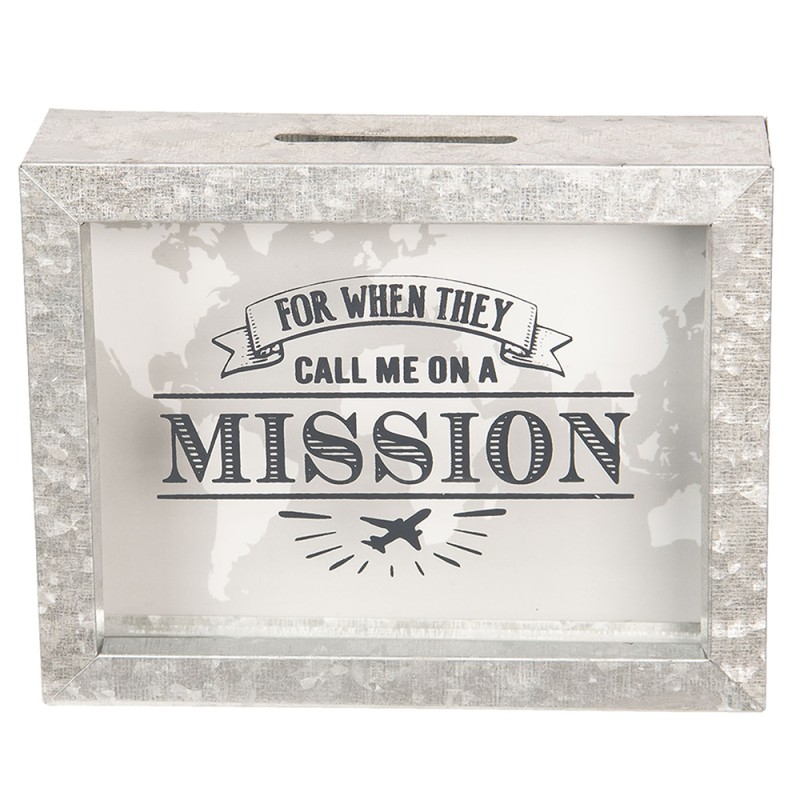 Clayre & Eef Money Box 18x5x14 cm Grey Metal Glass Rectangle Mission