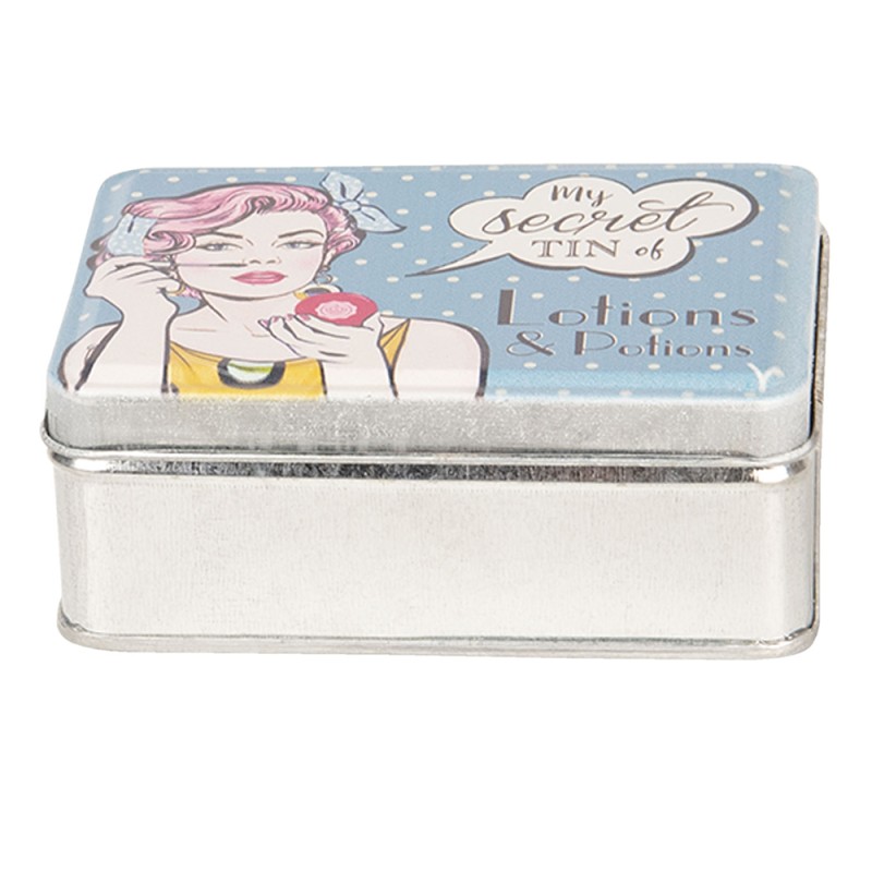Clayre & Eef Tin Storage Box 11x8x4 cm Silver colored Blue Metal Rectangle