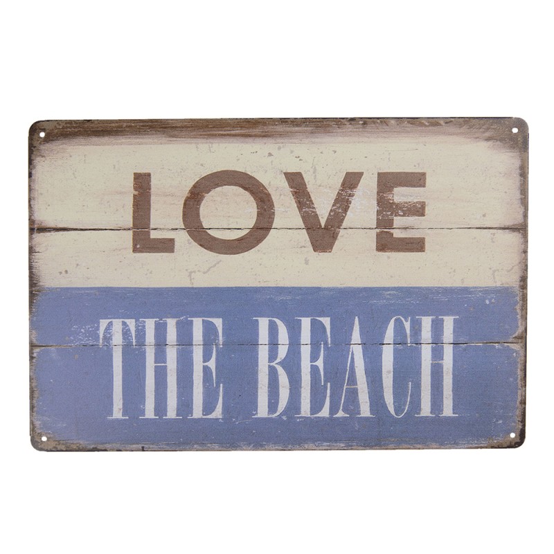 Clayre & Eef Text Sign 30x20 cm Beige Blue Metal Rectangle Love The Beach
